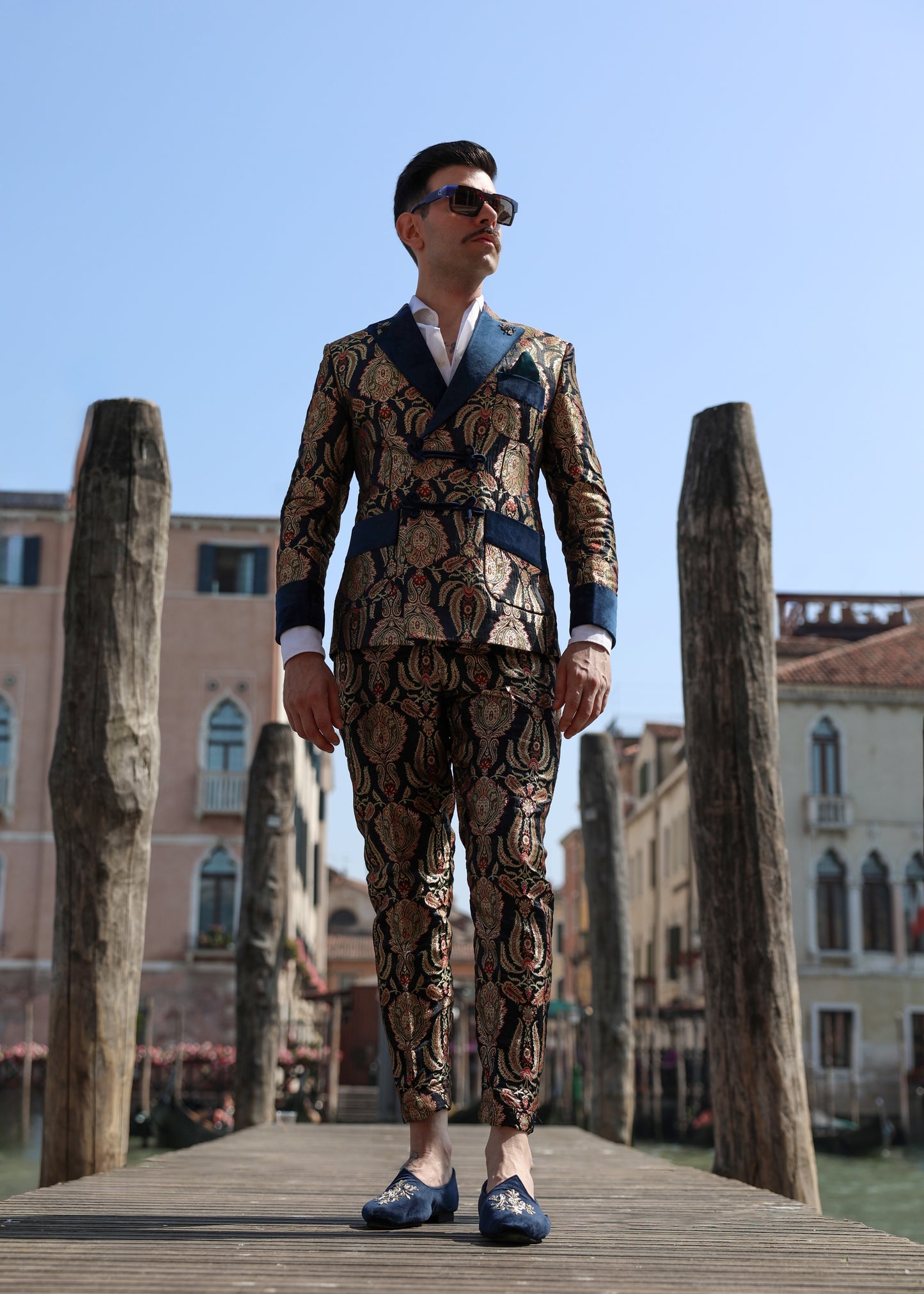 Navy Blue and Gold Paisley Brocade Suit