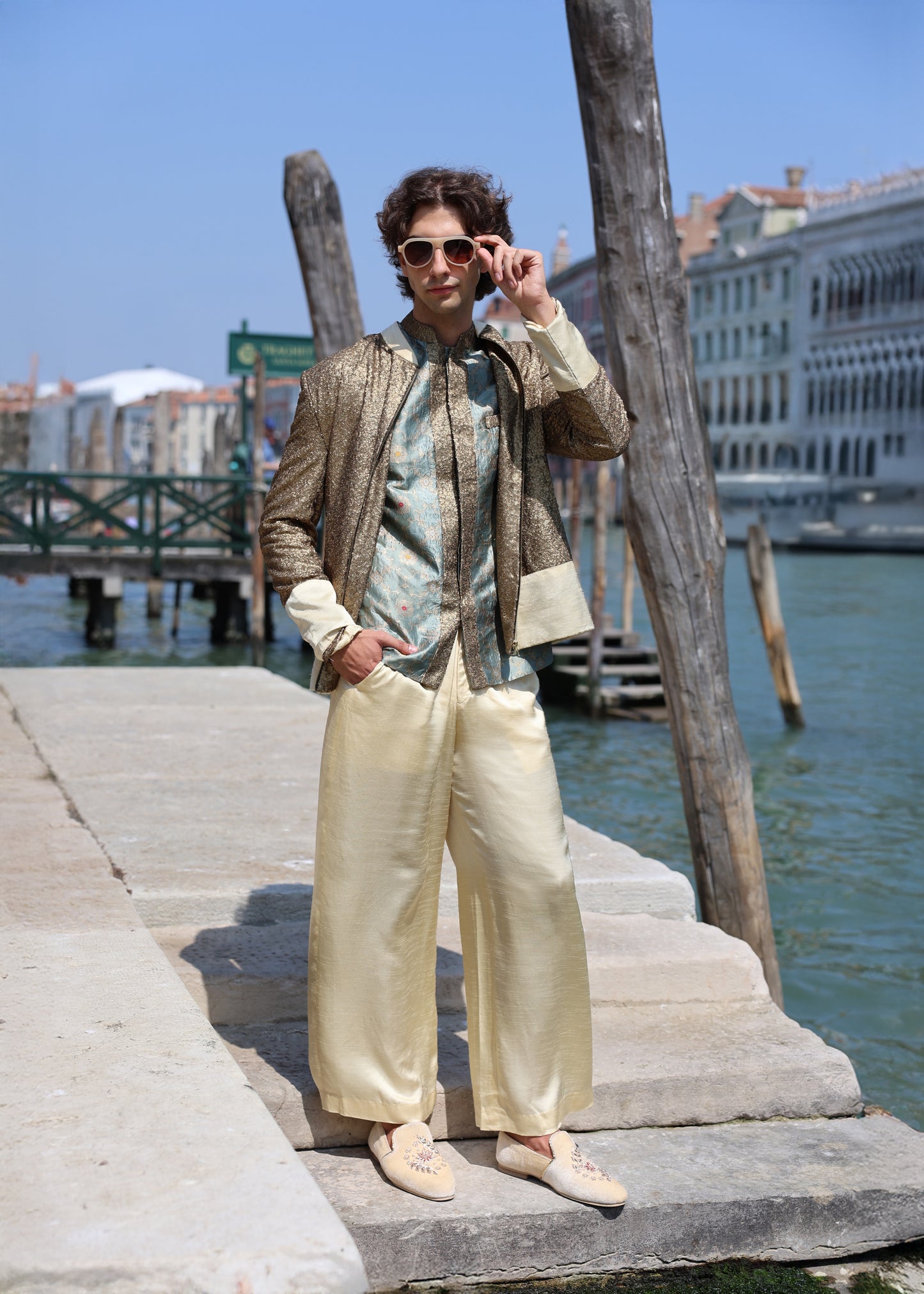 Brocade Vest & Sequin Contrast jacket with Plain Silk Pants