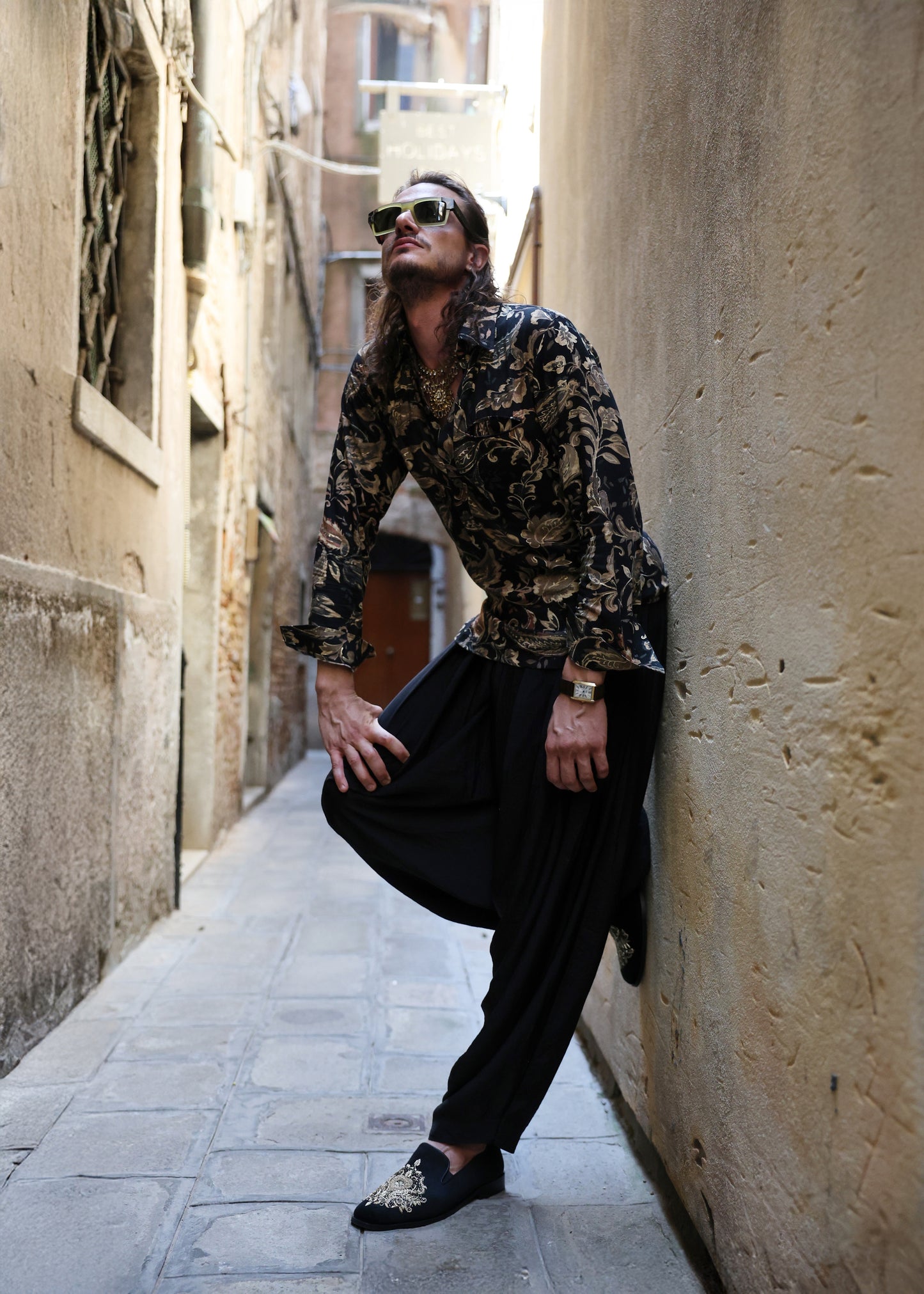 Black & Gold Paisley Print Silk Shirt & Harem Trousers Set