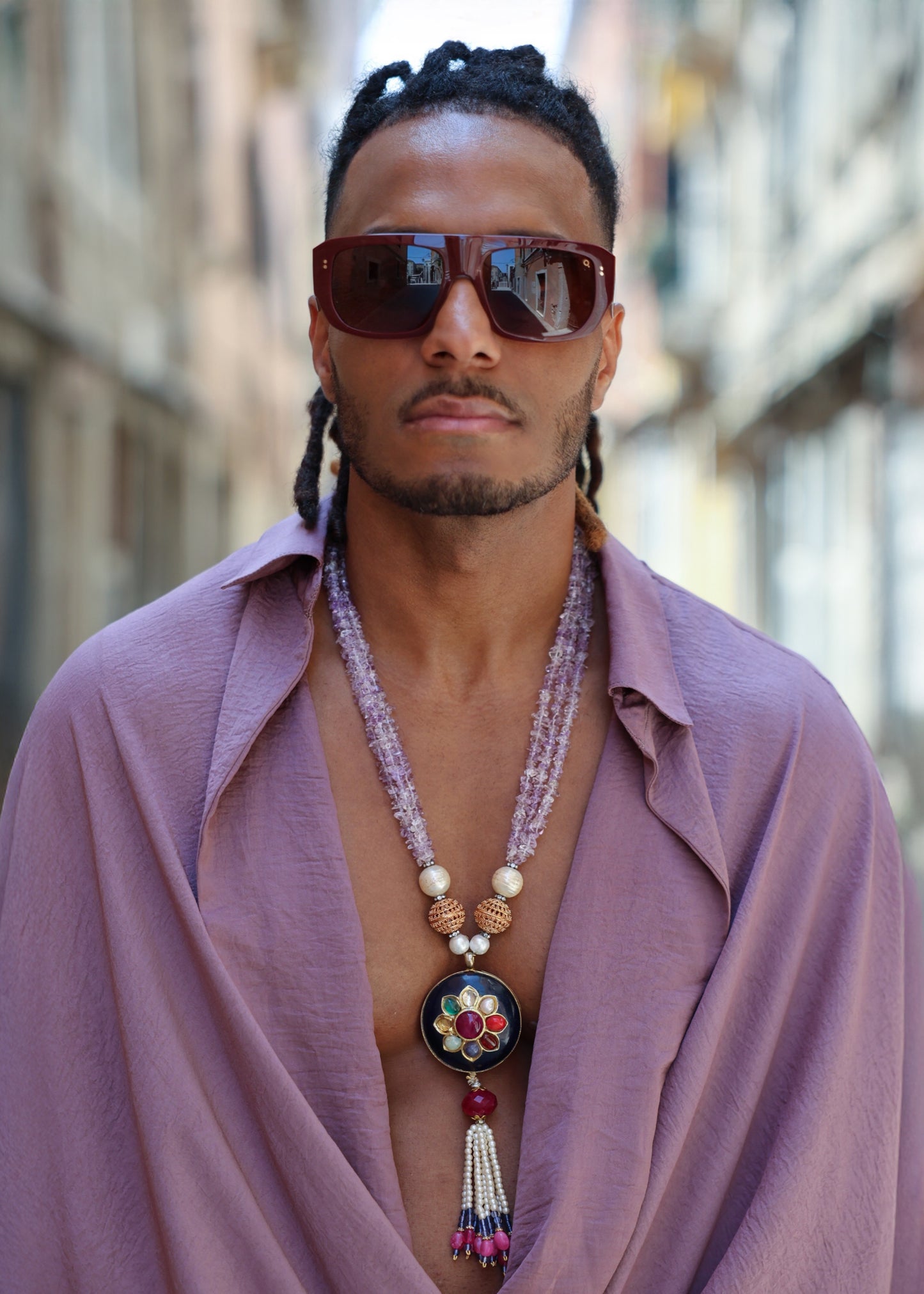 Modern Man Deep V-Neck Oversized Shirt & Navy Blue Wide Pleat Trousers