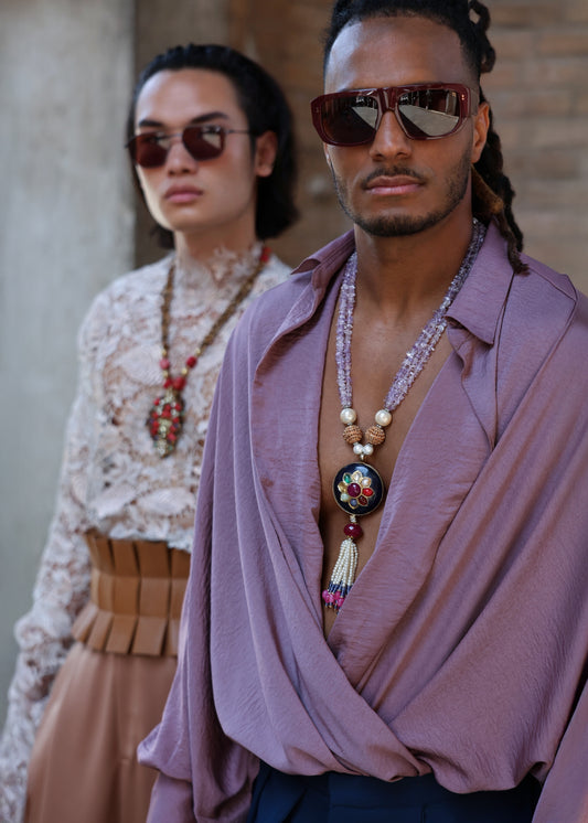 Modern Man Deep V-Neck Oversized Shirt & Navy Blue Wide Pleat Trousers