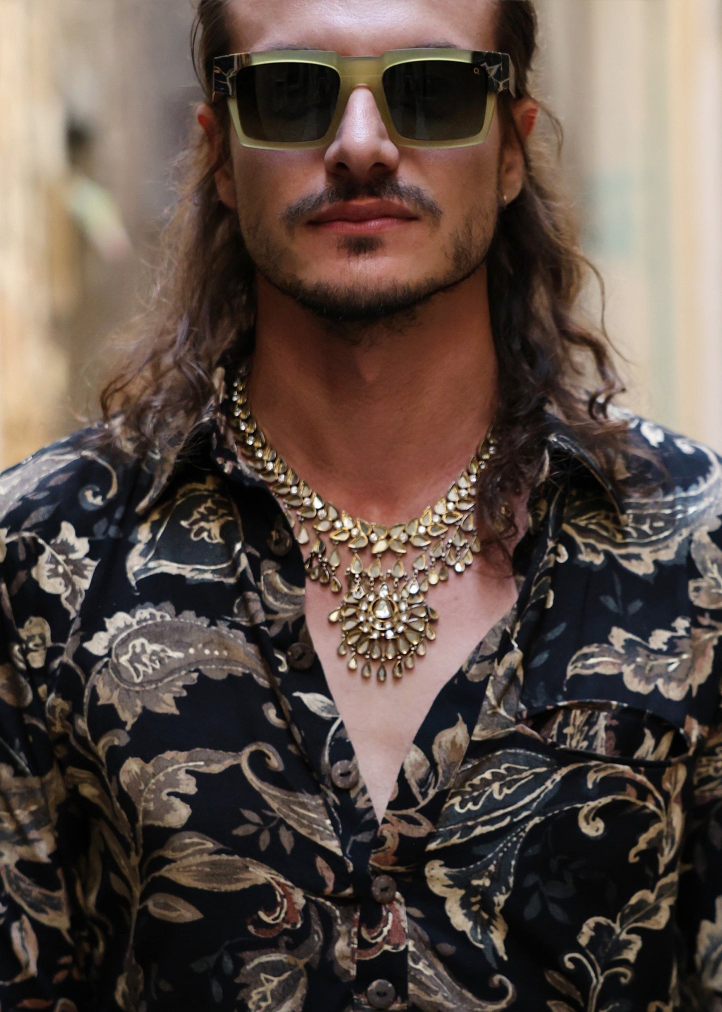 Black & Gold Paisley Print Silk Shirt & Harem Trousers Set