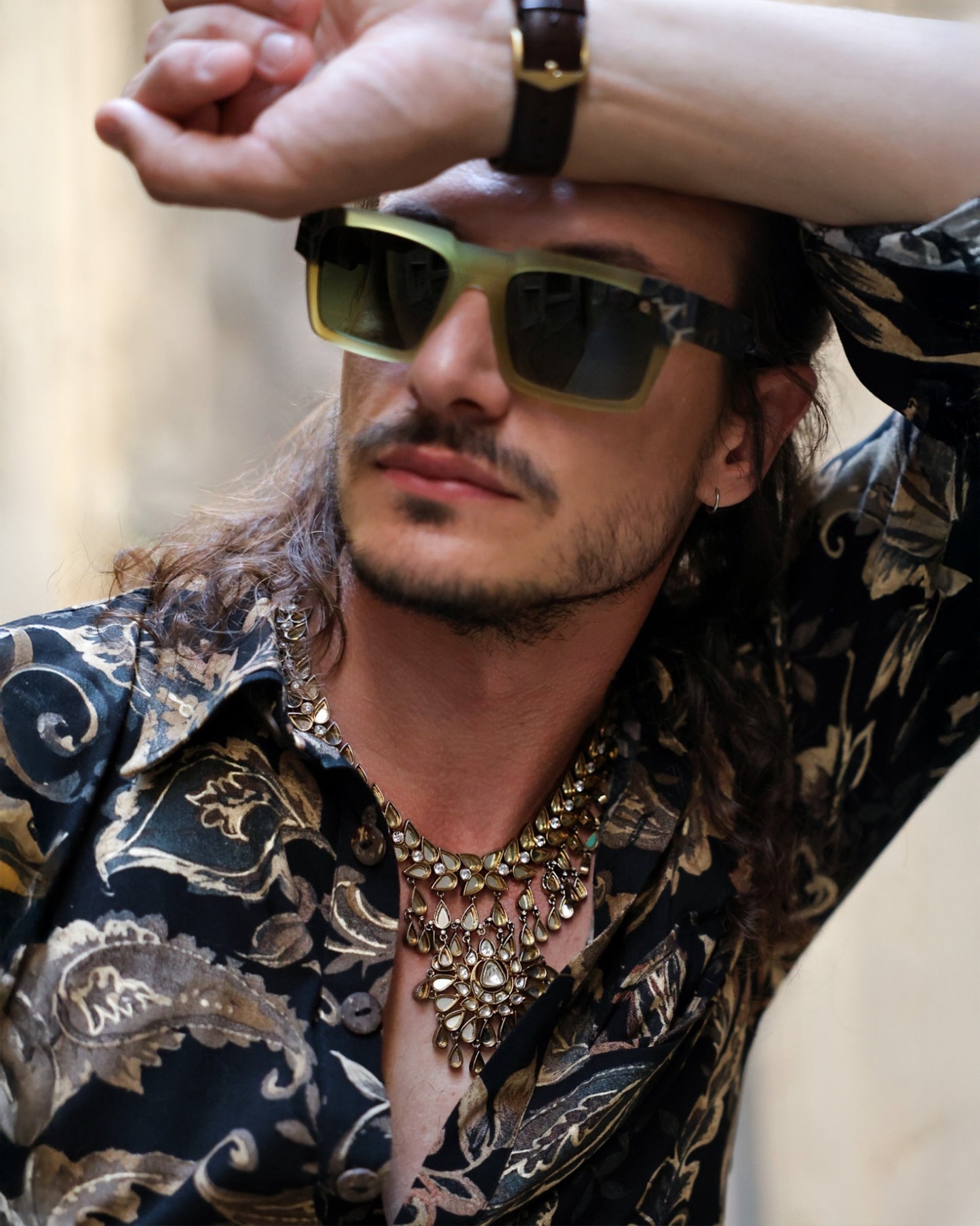 Black & Gold Paisley Print Silk Shirt & Harem Trousers Set