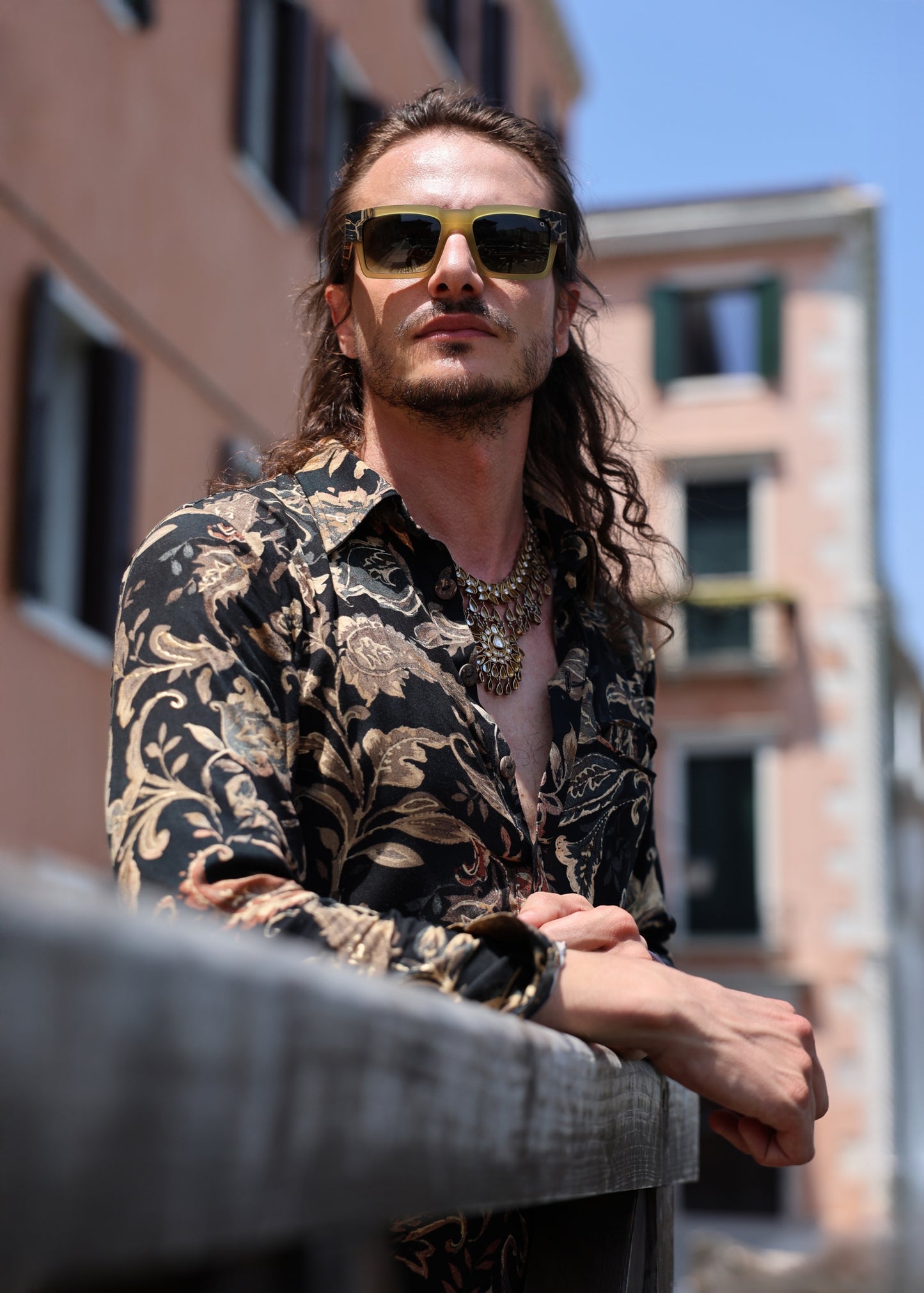 Black & Gold Paisley Print Silk Shirt & Harem Trousers Set