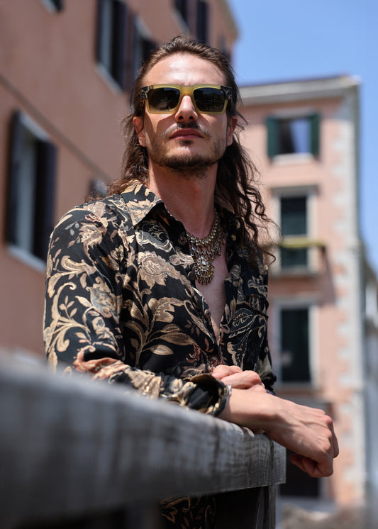 Black & Gold Paisley Print Silk Shirt & Harem Trousers Set