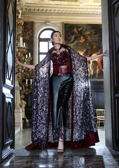 Luxe Maroon Corset and Black Leather Pants Evening Ensemble