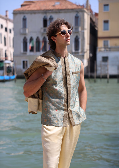 Brocade Vest & Sequin Contrast jacket with Plain Silk Pants