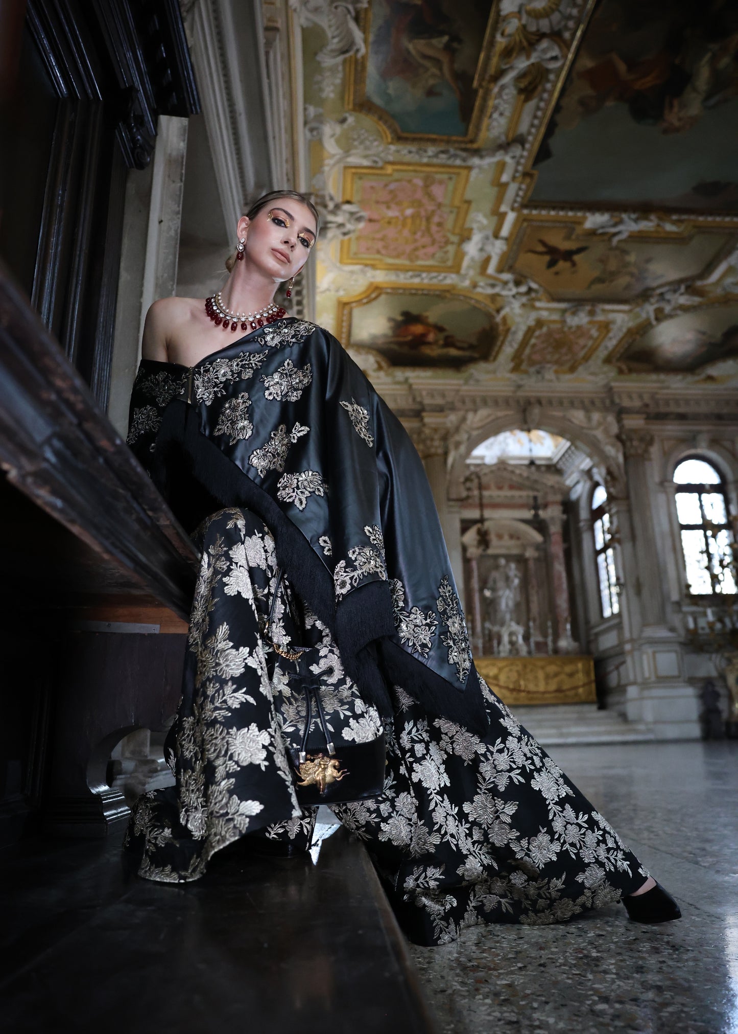 Embroidered Black Raw Silk Umbrella Pants with Luxe Black Embroidered Leather Cape Top