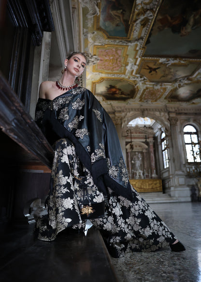 Embroidered Black Raw Silk Umbrella Pants with Luxe Black Embroidered Leather Cape Top
