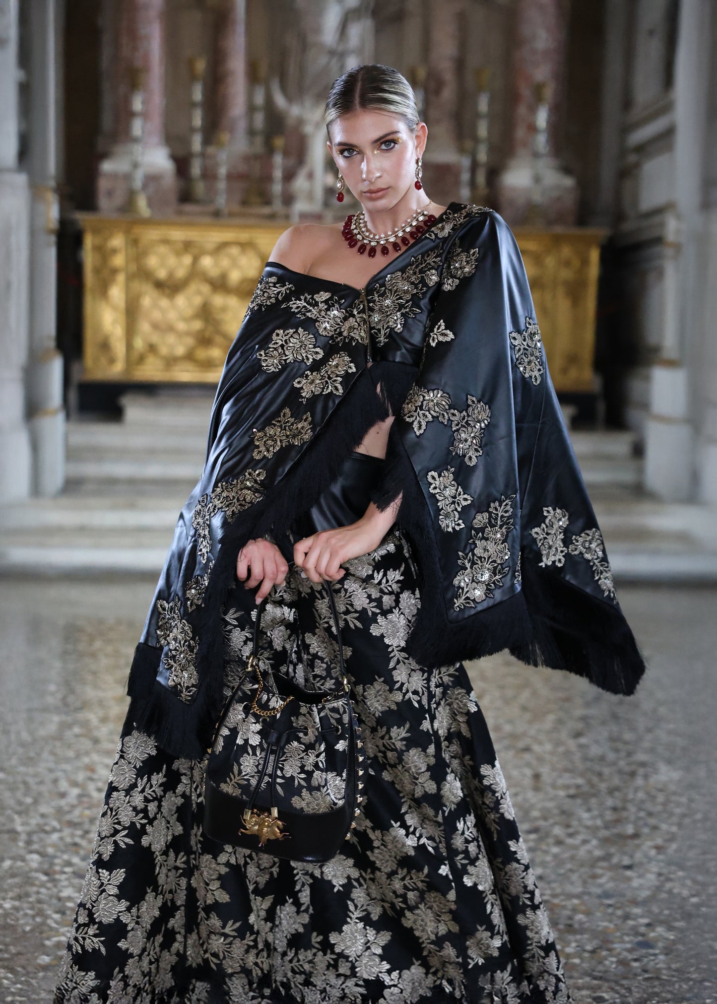 Embroidered Black Raw Silk Umbrella Pants with Luxe Black Embroidered Leather Cape Top
