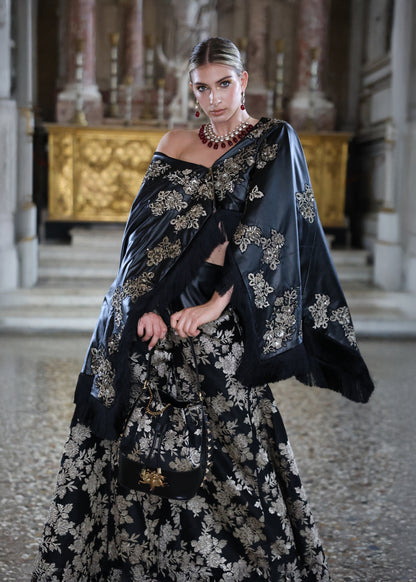 Embroidered Black Raw Silk Umbrella Pants with Luxe Black Embroidered Leather Cape Top