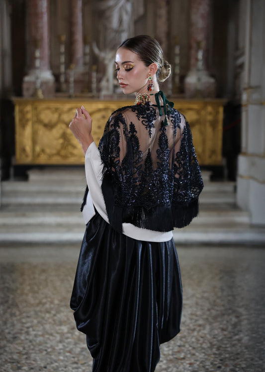 Embroidered Net and Vegan Leather Cape with Black Satin Dhoti Pants Set