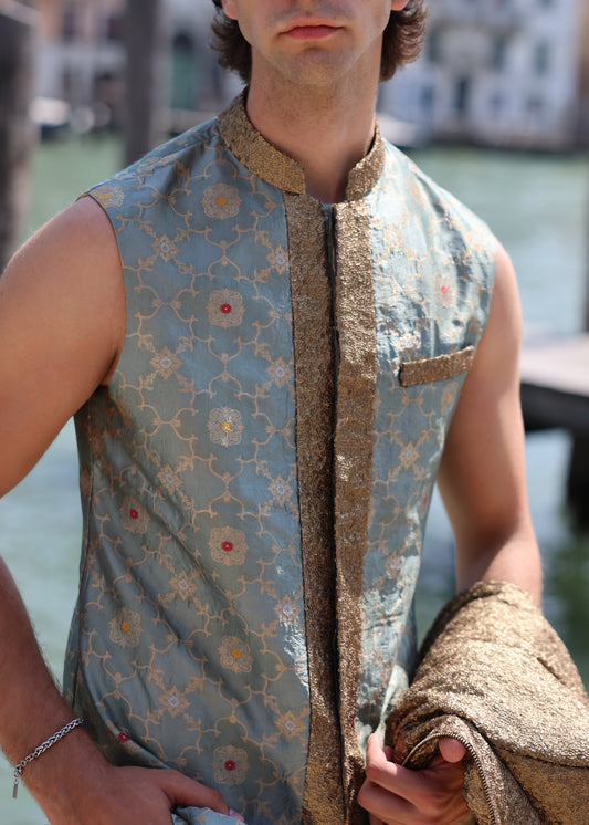 Brocade Vest & Sequin Contrast jacket with Plain Silk Pants