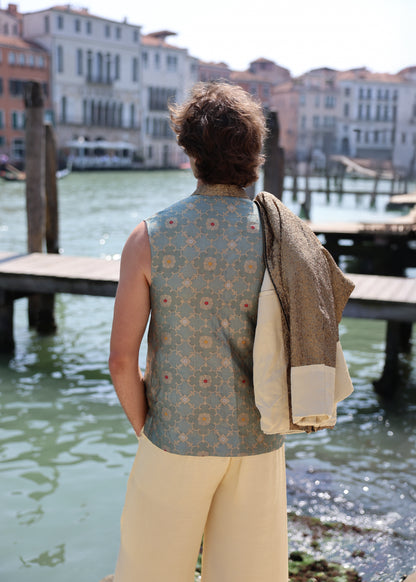 Brocade Vest & Sequin Contrast jacket with Plain Silk Pants