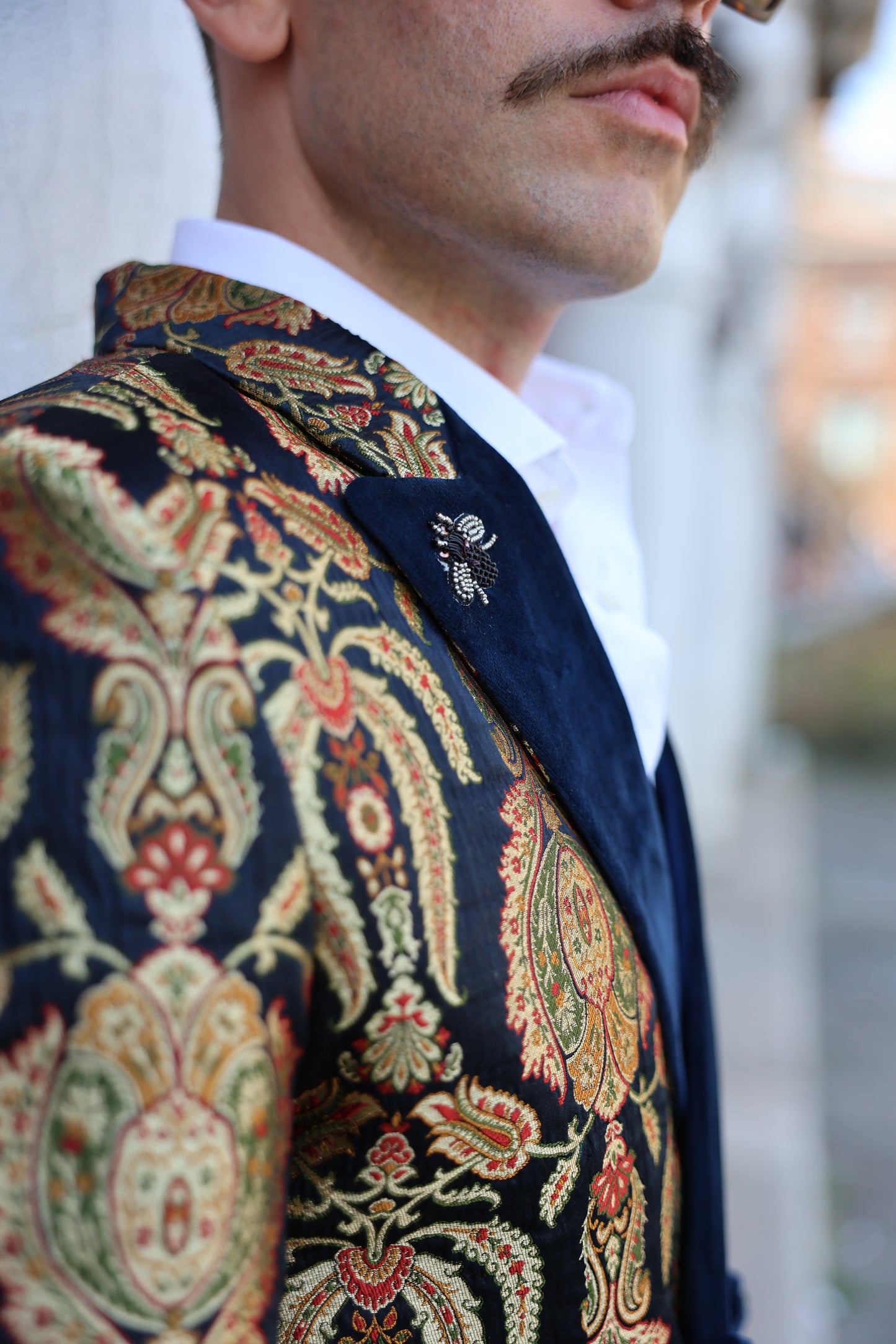 Navy Blue and Gold Paisley Brocade Suit