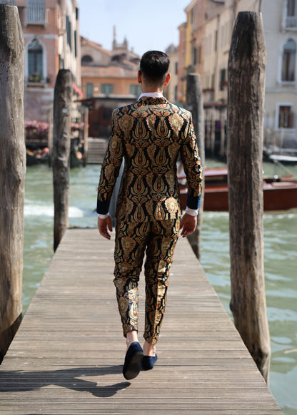 Navy Blue and Gold Paisley Brocade Suit