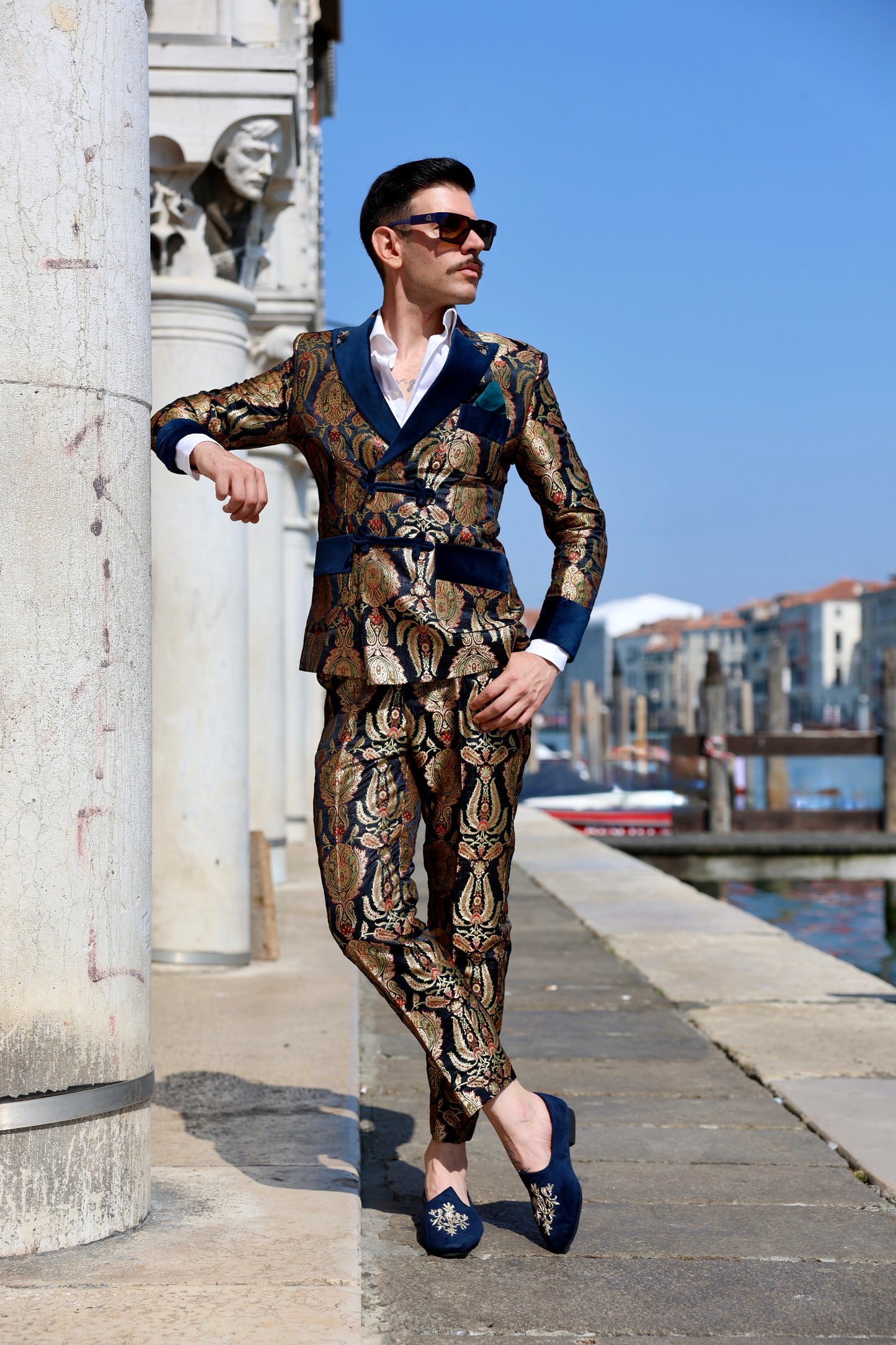 Navy Blue and Gold Paisley Brocade Suit
