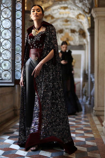 Luxe Maroon Corset and Black Leather Pants Evening Ensemble