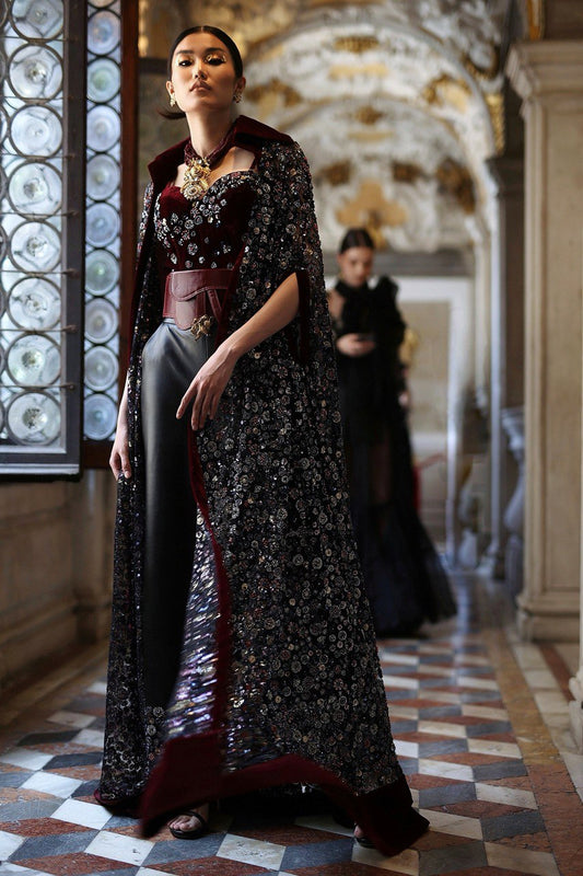 Luxe Maroon Corset and Black Leather Pants Evening Ensemble